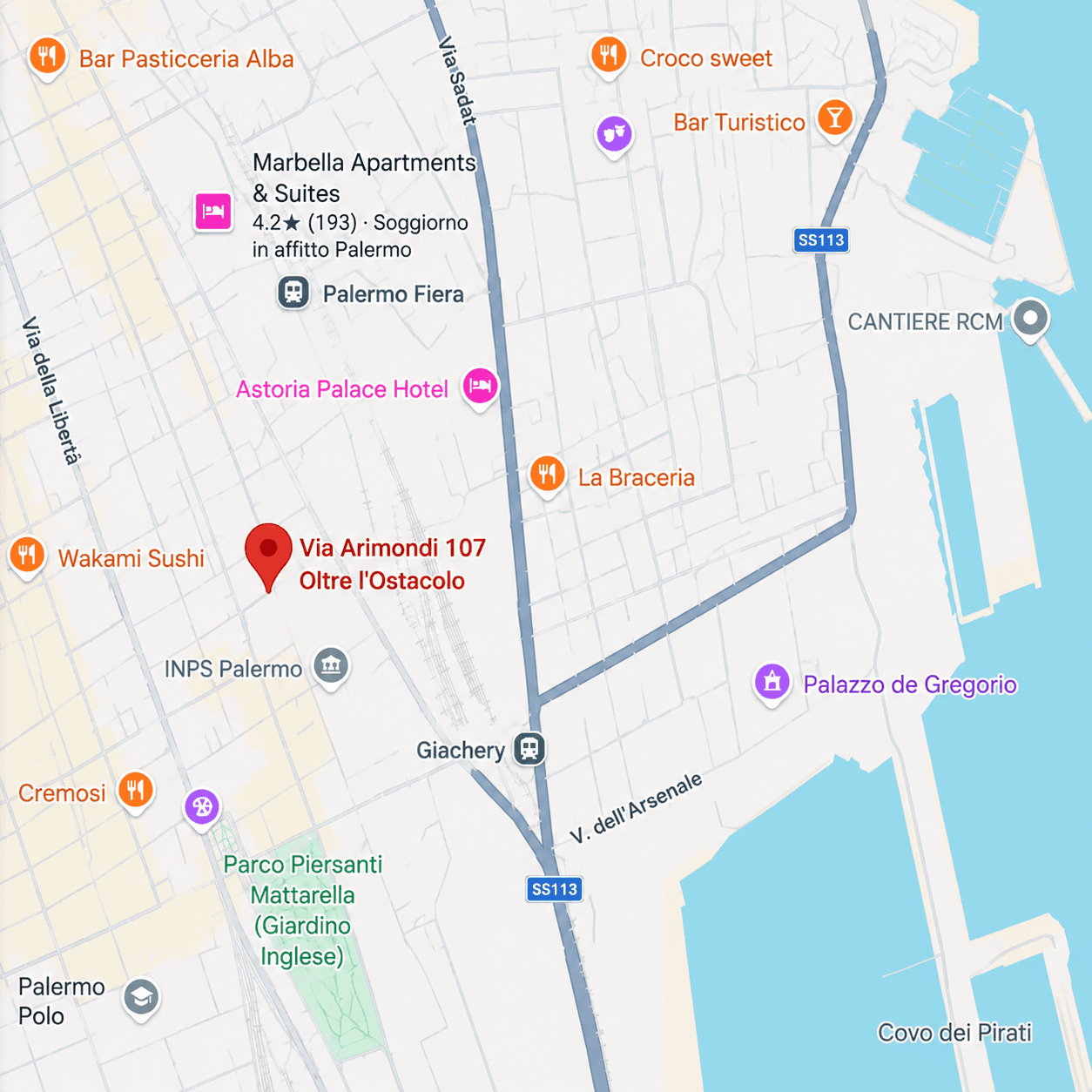 Mappa stradale con la sede Oltre l'Ostacolo in Via Generale Giuseppe Arimondi 107, Palermo